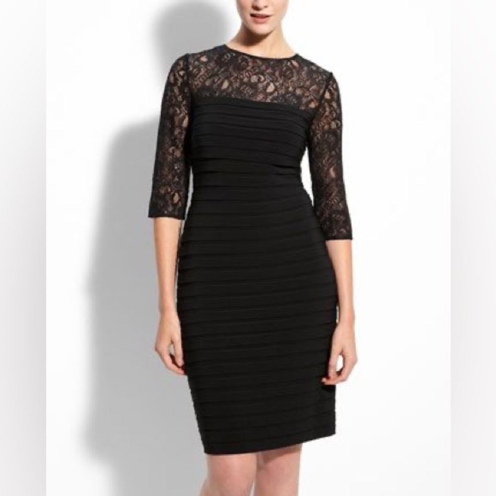 Adrianna Papell Black 3/4 Lace Sleeve Bodycon Shutter Pleat Dress, Size 4 NWOT
